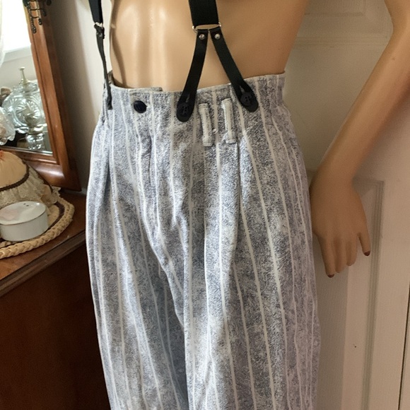 Vtg 80s striped denim pleated front suspender jeans 26 waist - Picture 10 of 13